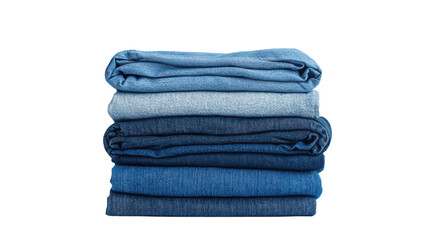 Stack of folded blue denim jeans on a wooden surface for casual fashion display