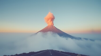Majestic Erupting Volcano, Peaceful Road, Foggy Landscape, Surreal Sky