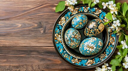 Decorated Easter Eggs on Ornate Plate with Blossoms