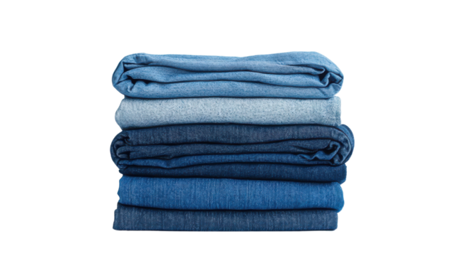 Stack of folded blue denim jeans on a wooden surface for casual fashion display