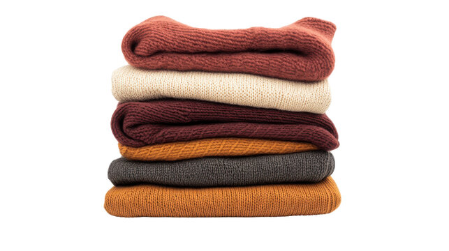 Stack of colorful sweaters neatly arranged on a wooden surface with warm lighting and a cozy atmosphere