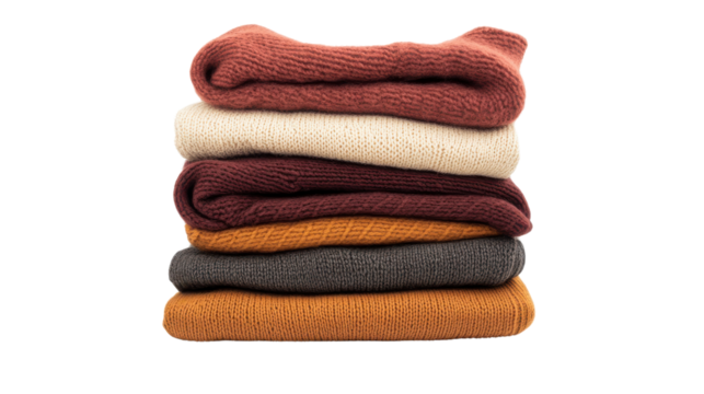 Stack of colorful sweaters neatly arranged on a wooden surface with warm lighting and a cozy atmosphere