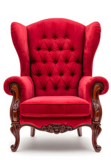 Elegant red velvet armchair with wooden legs. Santa's red velvet armchair isolated on white background