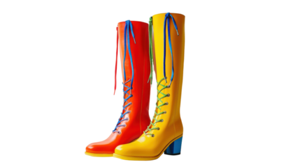 Pair of yellow and red boots with colorful ribbons on a white background