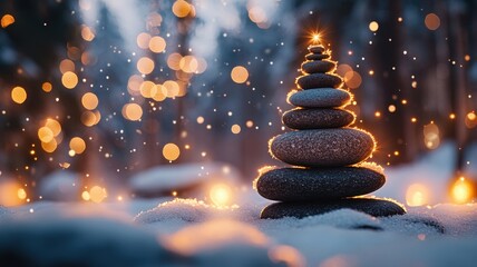 Zen stones pyramid formation winter landscape nature photography tranquil environment close-up view mindfulness concept