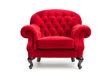 Elegant red velvet armchair with wooden legs. Santa's red velvet armchair isolated on white background