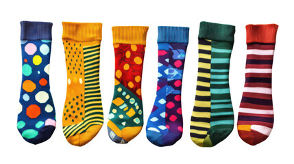 Collection of five colorful pairs of socks displayed on a white background