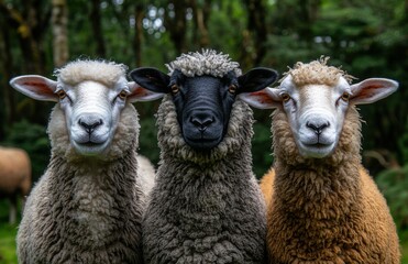 Obraz premium Trio of Close-Up Sheep Portraits Featuring Distinctive Wool Colors, Set Against a Lush Green Background in a Serene Natural Environment