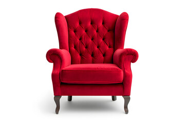 Elegant red velvet armchair with wooden legs. Santa's red velvet armchair isolated on white background