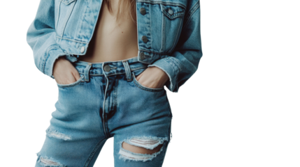 Woman wearing a denim jacket and jeans posing outdoors in a casual setting