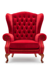 Elegant red velvet armchair with wooden legs. Santa's red velvet armchair isolated on white background