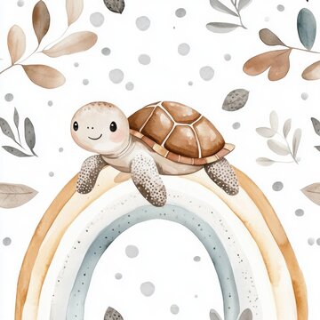 Cute turtle on rainbow, leaves background, nursery decor