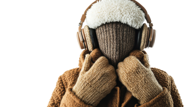 Person with headphones holding hands to face in a contemplative gesture indoors