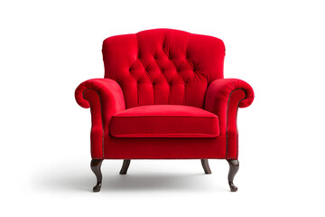 Elegant red velvet armchair with wooden legs. Santa's red velvet armchair isolated on white background