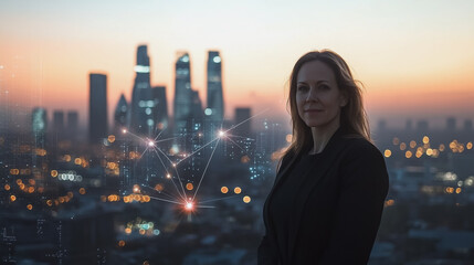 Abstract business woman stands on Smart digital Innovation city with connection network reciprocity over the twilight cityscape. of future wireless digital city and social media networking systems