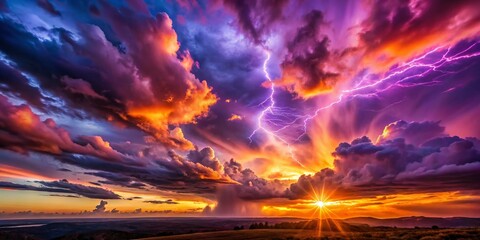 Electrifying Twilight: Surreal Sky, Energy Burst, Purple Haze, Fantasy Landscape