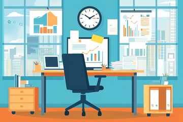 Modern Office Workspace with City View and Data Charts