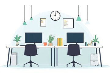 Modern Minimalist Office Workspace with Plants and Technology