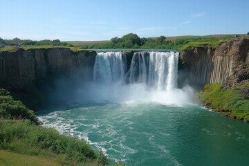 Fototapeta premium Majestic waterfall cascades into clear turquoise pool under bright blue sky