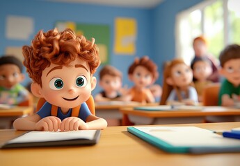 Happy cartoon boy in classroom with friends engaged in learning