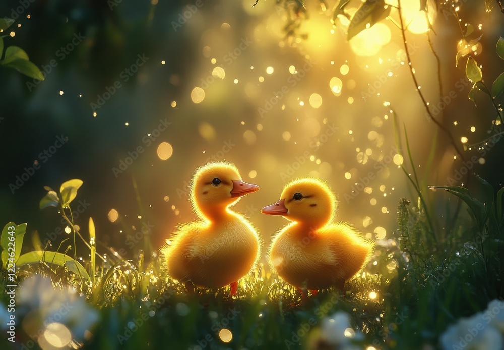 Poster two adorable yellow ducklings in sunlight surrounded by sparkling bokeh, creating a magical and joyf