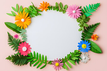 Fototapeta premium Invitation mockup, blank white paper with paper cut blossom and flowers. Woman's day, 8 march, Easter, Mother's day, anniversary greeting cardflowers and