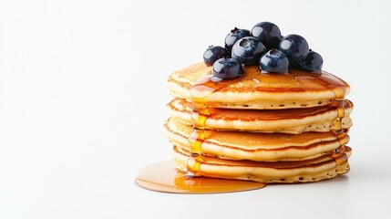Fluffy pancakes stacked high, topped with fresh blueberries and