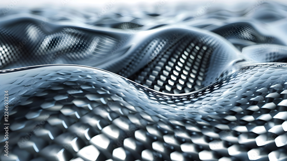Poster abstract metallic surface with a wavy texture and reflective qualities.