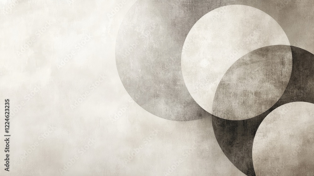 Poster minimalistic background with faint, overlapping circles in shades of gray on a light beige canvas