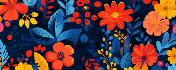 Colorful floral vector background with bold leaf and flower patterns.