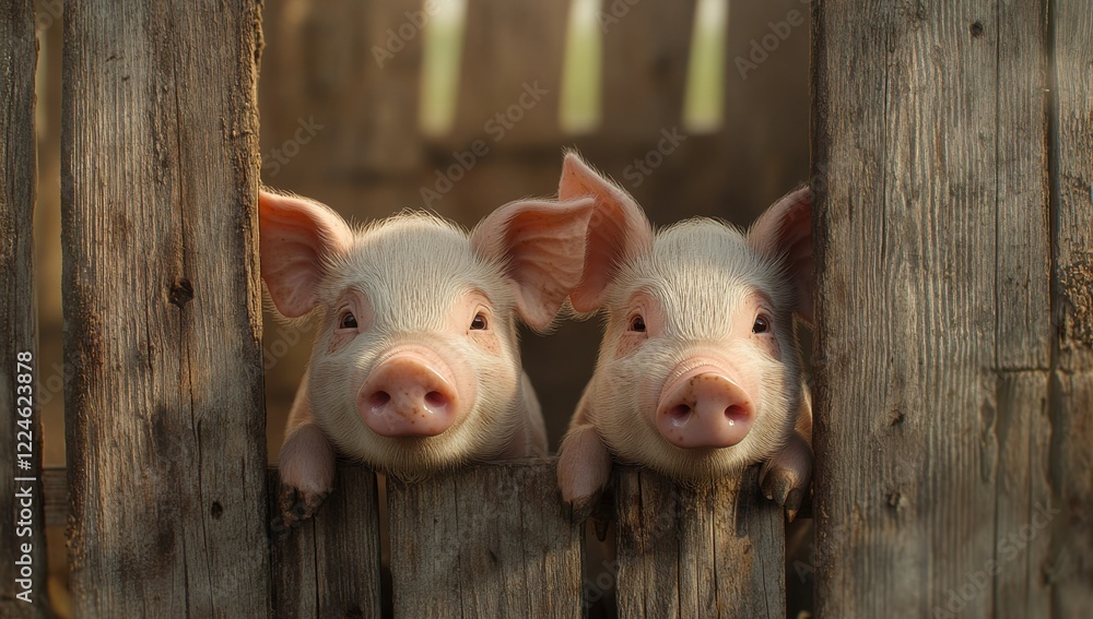 Poster two curious piglets peering through a wooden fence in a rustic farm setting with soft natural light 