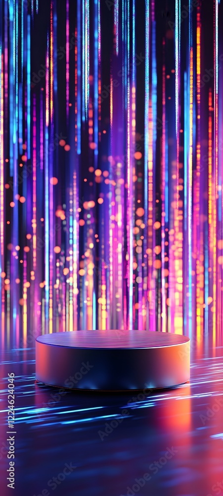 Poster a podium with a reflective surface, set in front of an abstract background filled with glowing light