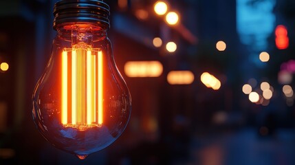 Illuminated Cityscape: A Glowing Filament Bulb Against a Blurred Urban Night
