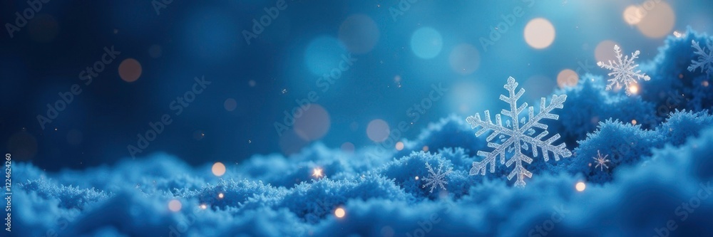 Wall mural Sparkling snowflakes against a blue backdrop with soft focus and glittering lights, winter, frosty, soft focus