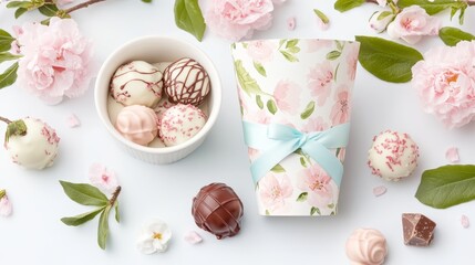 Fototapeta premium Delicate Chocolates and Spring Blossoms Arrangement