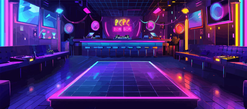Vibrant vector dance floor in neon-themed nightclub interior.