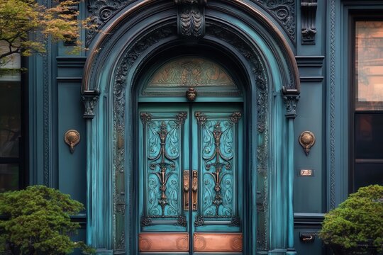 weathered teal facade with ornate copper patina door, featuring intricate art nouveau metalwork, moss-covered corners, and vintage brass hardware in warm afternoon light