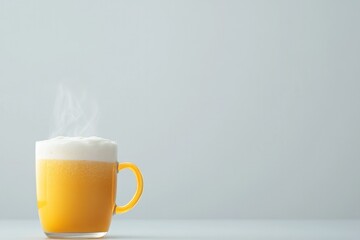 Warm mug filled with frothy golden beverage, steam rising delica