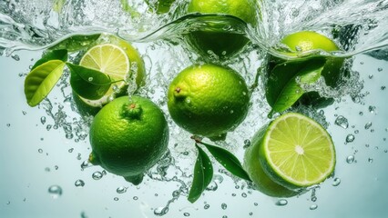 Fresh limes splash into clear water creating a refreshing and vibrant display