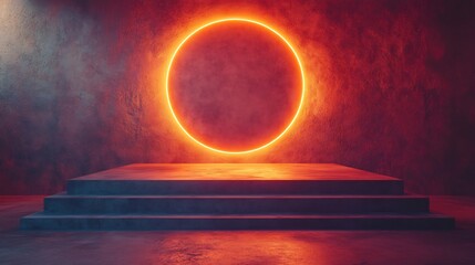 Glowing orange neon circle dramatically illuminates a concrete stage creating moody atmosphere. AI Generated