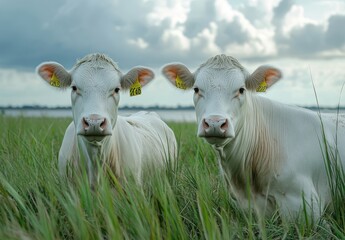 Fototapeta premium Two White Calves in Green Grass Under a Cloudy Sky, Capturing the Serenity of Rural Life and the Natural Beauty of Farm Animals Grazing in a Scenic Pasture