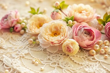 Obraz premium Elegant Floral Lace Design: Delicate Blooms & Neutral Background - Stock Photo