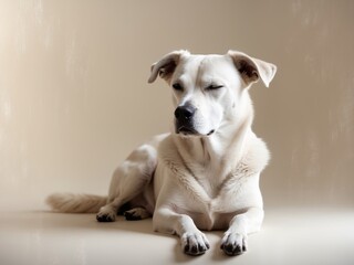 A serene white dog rests comfortably, showcasing its calm demeanor and friendly appearance against a soft, neutral background.