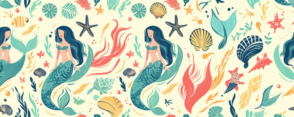 Mermaid vector pattern with underwater sea elements.