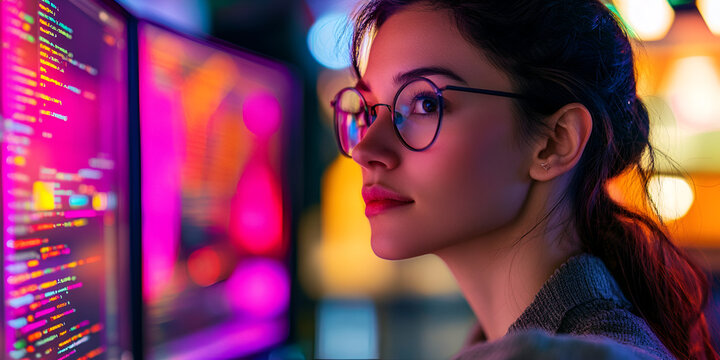 A young female programmer working late at night, surrounded by neon-lit computer screens filled with colorful lines of code. Her focused expression reflects dedication 