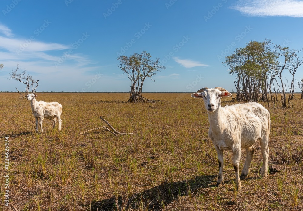 Poster two white sheep on open field with blue sky and sparse trees in the background, capturing rural tran