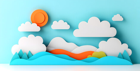 Landscape with mountains and sea waves in paper cut style