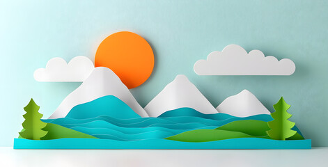 Landscape with mountains and sea waves in paper cut style