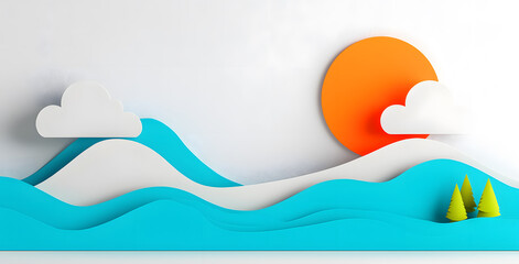 Landscape with mountains and sea waves in paper cut style