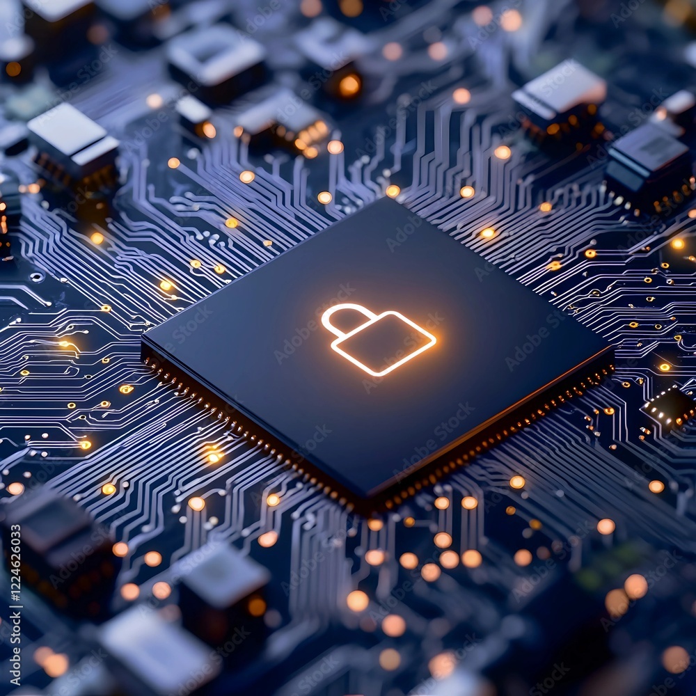 Poster cybersecurity: a glowing padlock on a circuit board symbolizes digital protection and secure data.